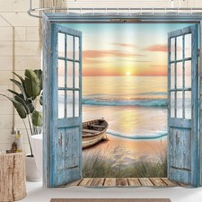 Beach Ocean Shower Curtain Blue Rustic Barn Door Bathroom Curtain Set Decors for