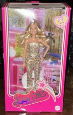 Barbie the Movie Margot Robbie As Barbie in Gold Disco Jumpsuit HPJ99. BOX WEAR