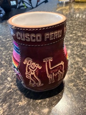 Handmade Cusco Peru Leather Covered Ceramic Cup Mug Llama Souvenir Artisan