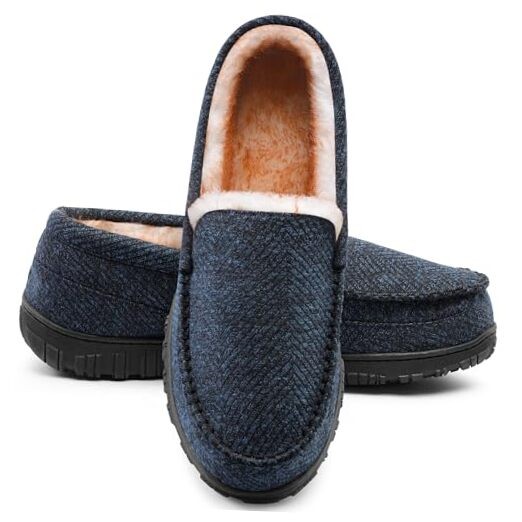Men's Moccasin Slippers Warm Fuzzy House Shoes with Memory Foam & Non 10 Navy-image