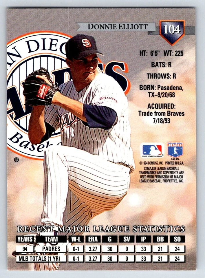 1995 Donruss #104 Donnie Elliott San Diego Padres - Image 2 of 2