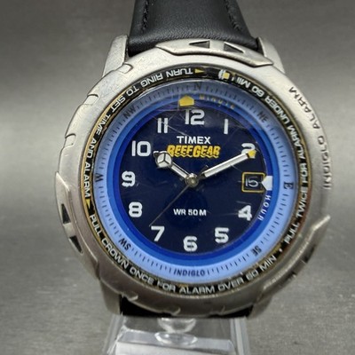 Timex Reef Gear Alarm Watch Men 39mm Blue Dial Silver Tone Date New Battery