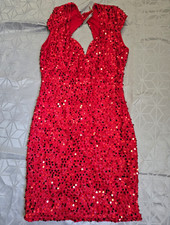 Red Sequin V-Neck Sleeveless Bodycon Mini Dress S Regular Zip Back Lined