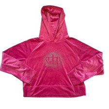 Juicy Couture Velour Hoodie Glitter Crown Y2K Pink Womens L Cropped Pullover