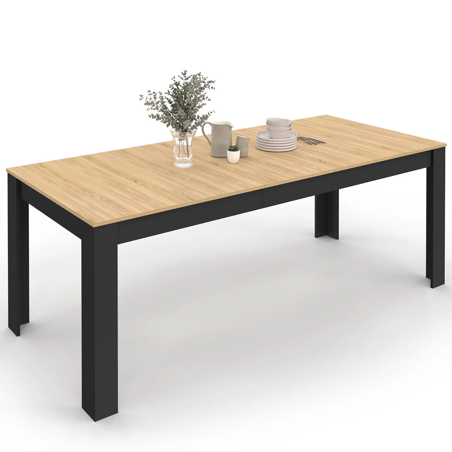 Table rectangulaire ROZY 6-10 places avec plateau façon hêtre et pieds noirs