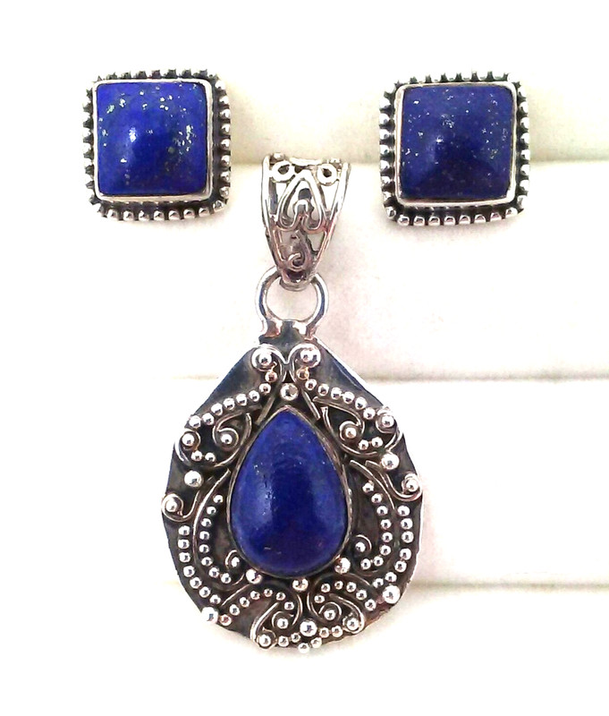925 Blue Lapis Ornate Teardrop Sterling Silver Pendant & Square Post Earrings
