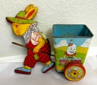 Vintage J Chein & Co, Tin Metal Lithograph Easter Rabbit Bunny Toy w/ Cart