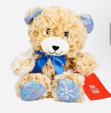 Gray Christmas Teddy Bear Plushie With Cute Blue Bow Holiday Seasonal