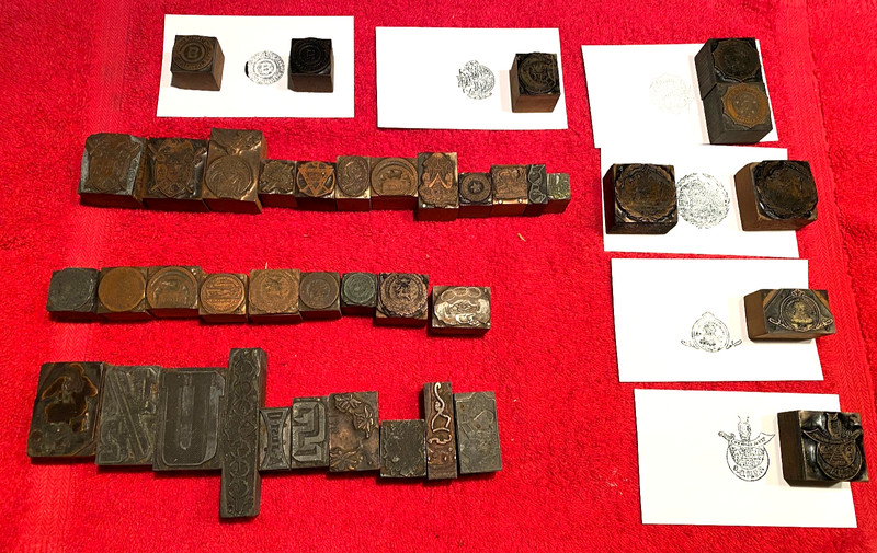Lot of 39 Vintage or Antique Wood & Metal Printers Blocks