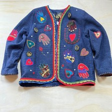 Crystal Handwovens Navy Blue Embroidered Hamsa Heart Folk Art Jacket Women L