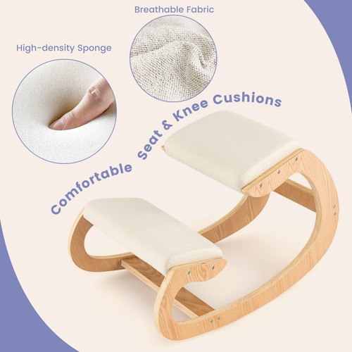 Ergonomic Kneeling Chair Wood Rocking Posture Stool w/ Cushion Back Neck Beige - Picture 6 of 9