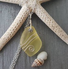 Hawaiian Jewelry Sea Glass Necklace, Wire Yellow Necklace, Sea Glass Jewelry