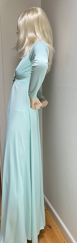 Vtg Long Dress Pale Green Maxi Silky Nylon Fabric 70s Medallion Disco SMALL - Picture 5 of 11
