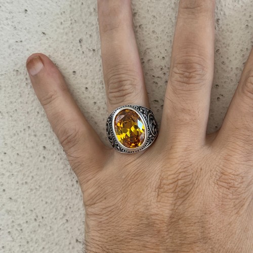 Citrine Men's Ring Solid 925 Sterling Silver Turkish Jewelry All Size #455 - Picture 2 of 5