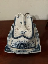 Unique Antique large Cheese Keeper Dish with cover.  Blue & white & gold