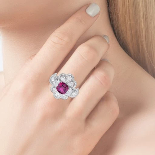 Amazing Floral Lace Design 3.16CT Purple Cushion Amethyst & White CZ Party Ring - Picture 3 of 5