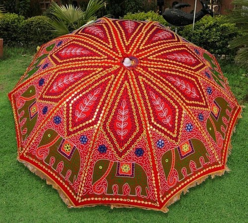 Indian Embroidered 72" Garden Parasol elephant Outdoor Sun Shade Patio Umbrella - 第 1/4 張圖片