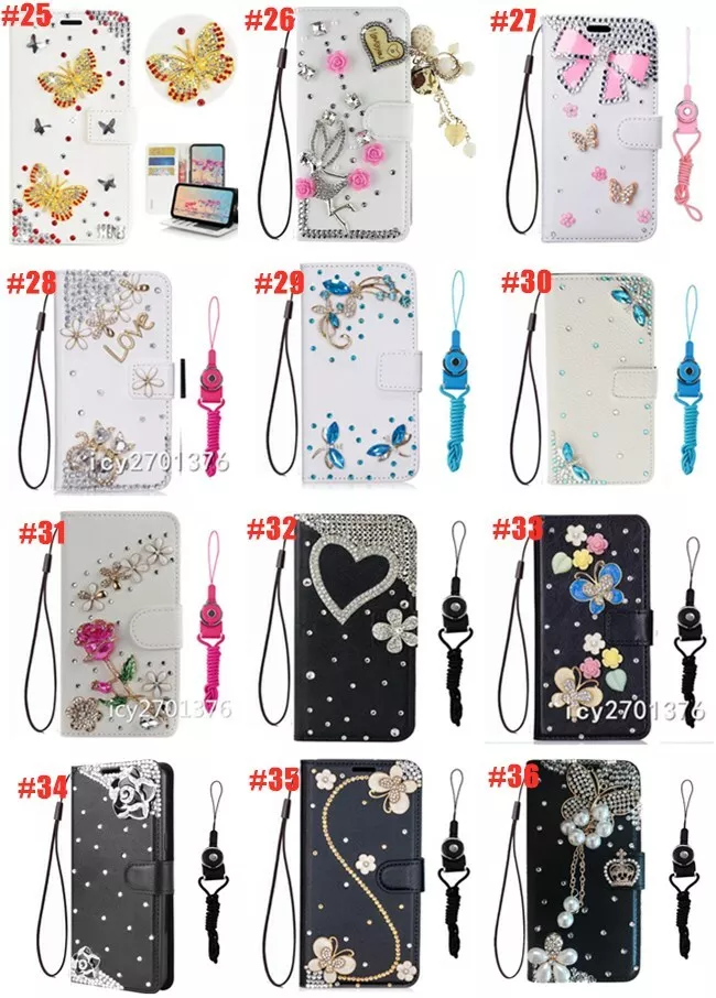Sparkly Diamonds Women Phone Case Bling Leather Wallet Phone Covers + 2 Lanyards - Image 4 of 4