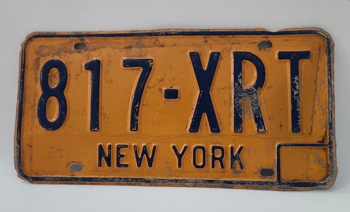 Vintage New York License Plate 817-XRT Orange & Blue Metal Old
