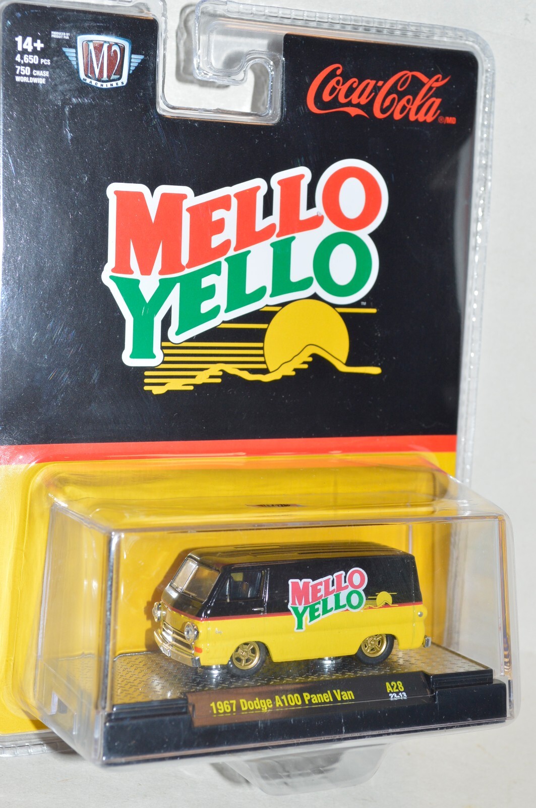 die cast 1:64 scale M2 Coke Coca-Cola Mellow Yellow 1967 Dodge A100 panel van