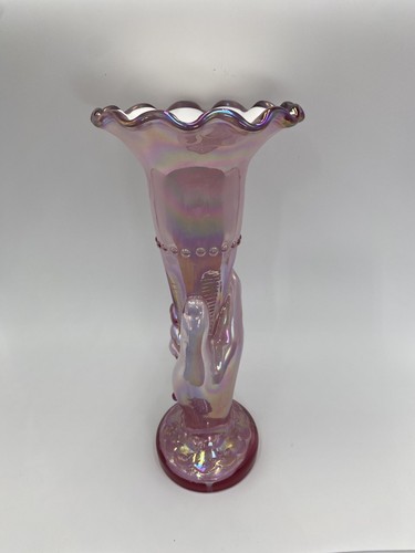 FENTON PINK IRIDESCENT WITH PLUM CREST HAND HOLDING BASE ~GORGEOUS~ - Picture 6 of 8