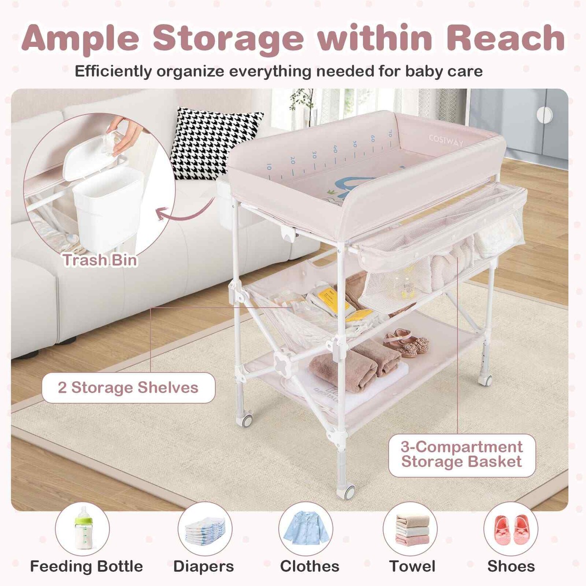 COSTWAY Portable Baby Changing Table Height Adjustable w/ Wheels