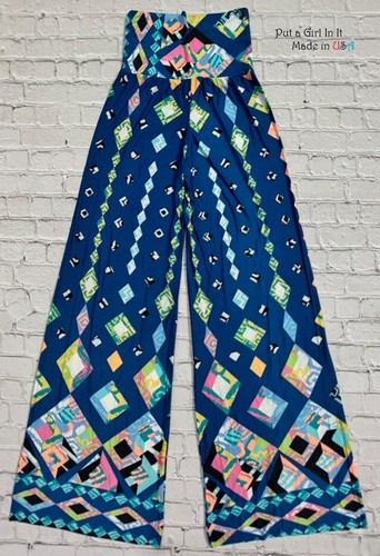 New USA Womens JUP HIGH WAISTED BLUE GEOMETRIC BOHO SILKY PALAZZO PANTS S M L - Picture 3 of 3