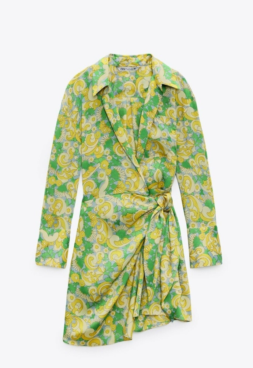 Zara Women Printed Wrap Shirt Dress Self Tie Headband Green