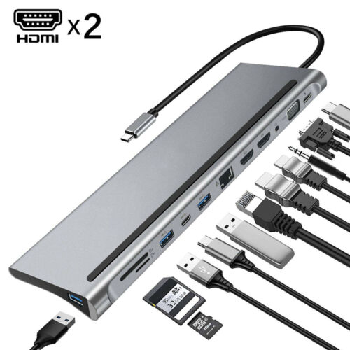 12 in 1 Type-C USB-C Hub Adapter to 2 HDMI USB VGA TF Audio with PD for MacBook - Picture 1 of 8