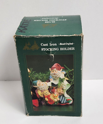 Santa s Workbench Christmas Hand Crafted Stocking Holder Cast Iron Elves & Bear