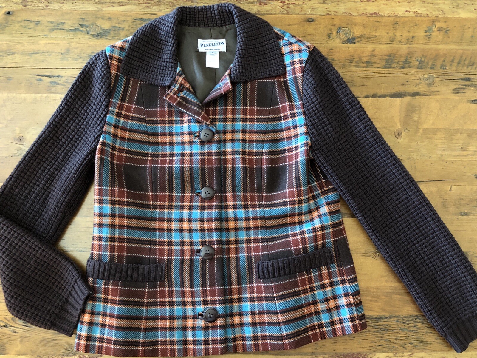 Pendleton Brown Plaid Button Front Wool Cardigan … - image 1