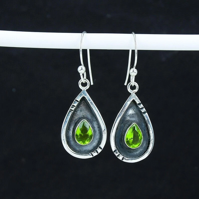 925 Sterling Silver Green Peridot Gemstone Handmade Jewelry Earring Size-1.5" - Image 4 of 4