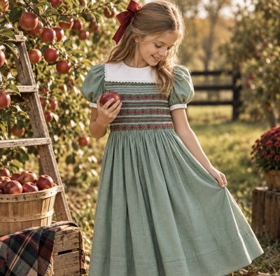 Handmade Hand-Smocked Apple Dress Girls Size 10/12 Green Long Dress Gingham Lace