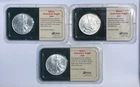 Three US 1 oz .999 Fine Silver $1 American Silver Eagles, 2000, 2001 & 2002