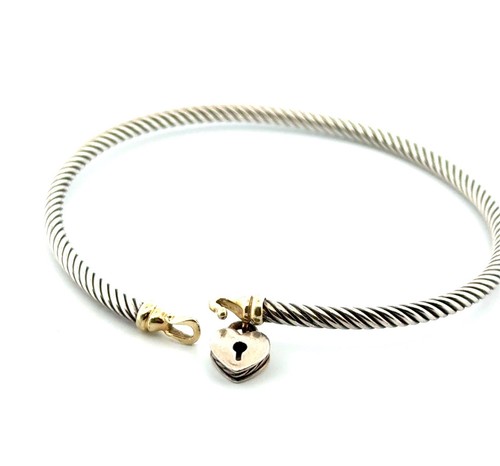 6.5” x 3mm 925 Sterling Silver & 18k Gold Heart Lock Charm Cable Buckle Bracelet - Picture 4 of 10