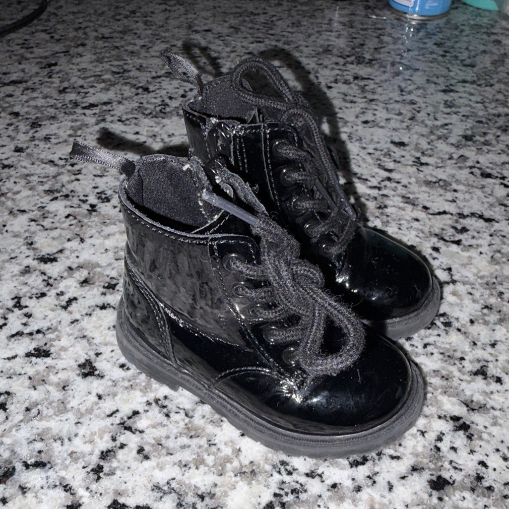 Unisex Kids Black Patent Leather Combat Ankle Boots Lace-Up Zip Size 5