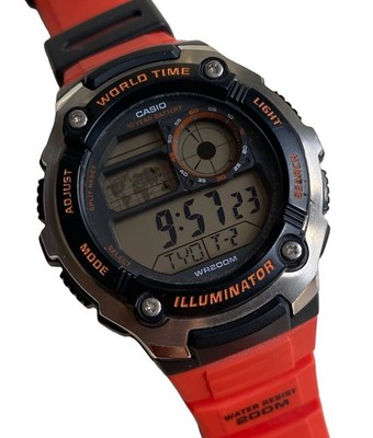 CASIO AE-2100W ILLUMINATOR UHR schwarz rotes Armband FUNKTIONIERT TOP ZUSTAND