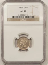 1865 THREE CENT NICKEL - NGC AU-58