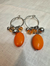 Vintage 70s Dangle Drop Earrings Bright Orange Resin + Silver Tone Beads Hoops