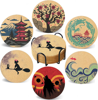 Coasters for Drinks with Holder Set of 6, Japanese Cork Coasters Absorbent Anima