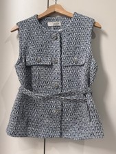 Zara Tweed Bouclé Waistcoat Vest Blue & White Belted Size M BNWT