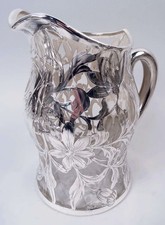 Antik Wasser Krug 1358 Jugendstil Amerikanische Klar Glas Silber Overlay
