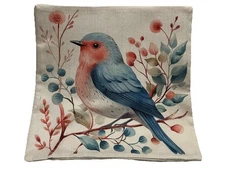 Watercolor Bird Nature Floral Garden Linen Throw Pillow Cover Home Decor 18x18”