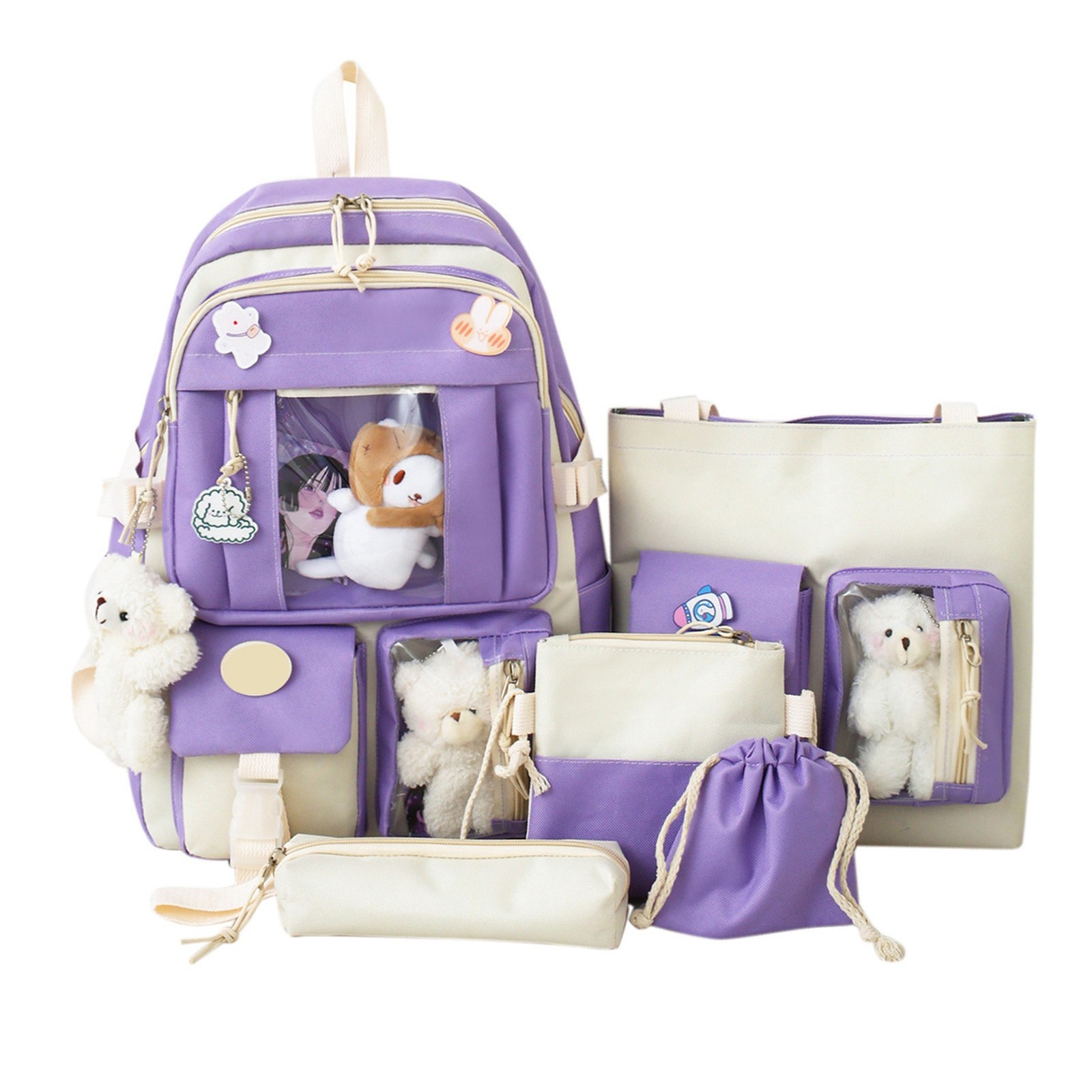 5pcs Backpack Set Student Cute School Backpack Messenger Bag Shoulder Bag Pencil