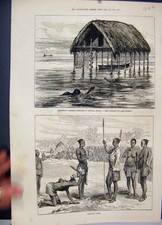 Original Old Antique Print 1876 Lieutenant Cameron Lake Dwelling Kasongo Levee