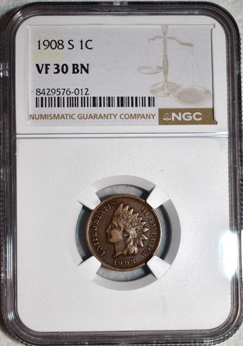 NGC VF-30 BN 1908-S Indian Head Cent, Attractive, Chocolate-Brown, Key-Date!
