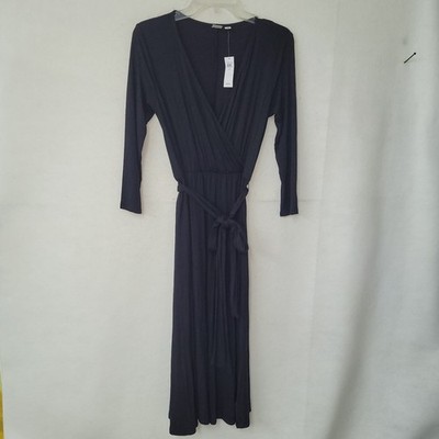 GAP Black Jersey Knit 3/4 Sleeve Wrap Midi Dress XS True Black V Neck  Belted New | eBay