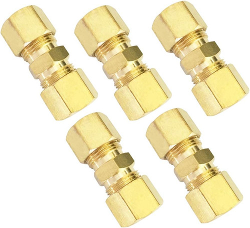 Brass Compression Tube Fitting, Union, 1/4" OD X 1/4" OD, 5Pcs