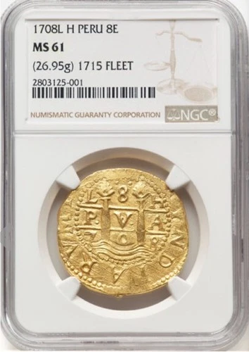 1708 Lima Peru MS61 8 Escudos Philip V GOLD COB 1715 FLEET NGC SHIPWRECK