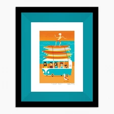 SHAG Josh Agle  SURF BUS Framed Jade Green Liner Giclee print VW Volkswagen Van